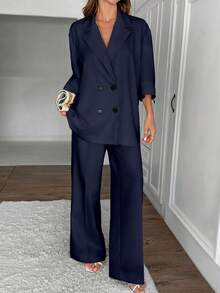 EURMUSE Bộ vest nữ màu vàng bơ cỡ lớn thường ngày - Màu xanh hải quân - Xem 4