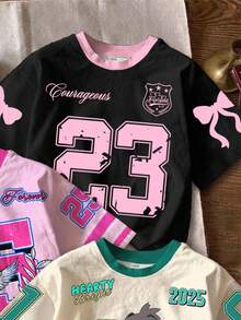 3 件套青少年女孩休闲可爱蝴蝶结、英文数字 23 印花、图形数字 25 图案、数字 19 和卡通动物设计、甜美酷炫运动风格短袖圆领 T 恤，适合夏季 - 彩色 - 查看 3