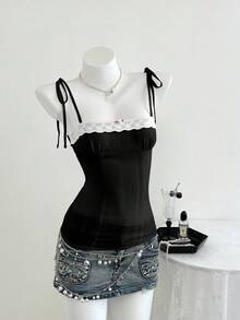 Elamini 春夏女士休闲格子系带腰带吊带背心 - 黑色 - 查看 3