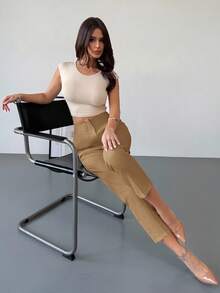 Firerie 女士优雅简约高腰口袋拉链修身杏色九分裤，适合通勤、办公室和日常穿着 - 卡其色 - 查看 7