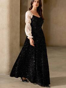 Aveloria Rosie Autumn/Winter New Black Velvet Sequin V-Neck Sexy Evening Dress, High-End Luxurious Long A-Line Flared Maxi Dress, Off-Shoulder Banquet Gown, Elegant Lady Birthday Party Dress, Suitable For Commute, Formal Occasions, Adult Ceremony