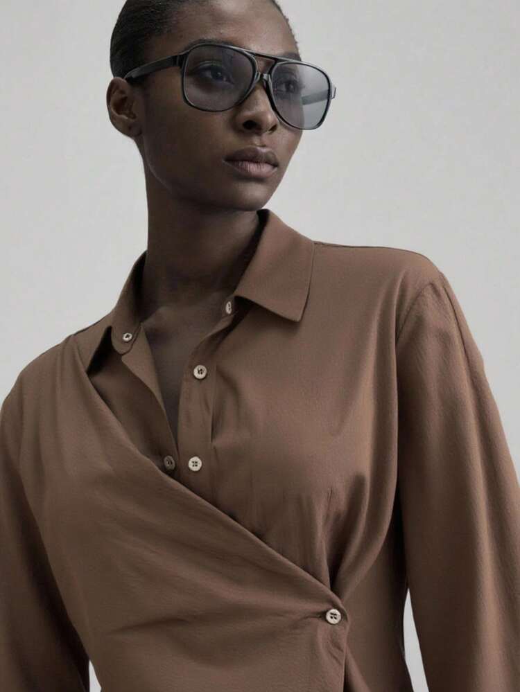 2025 New Dark Brown Autumn Casual Bissness Long Sleeve Button-Up Shirt,Women's Elegant Wedding Guest Attire,Business Casual Teacher Church Apparel