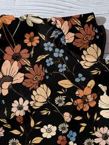 SHEIN LUNE 女式极简风格黑色底棕色彩色花卉全印花V领衬衫，休闲简约，适合夏季、初秋、复古 - 彩色 - 查看 3