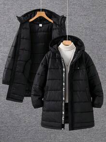 SHEIN Back-To-School Boys' Black Winter Parka Coat,Smart School Thick Hooded Mid-Length Jacket For Tween Kids,Casual Sports Patched Ribbon Woven Outerwear - Black - View 4
