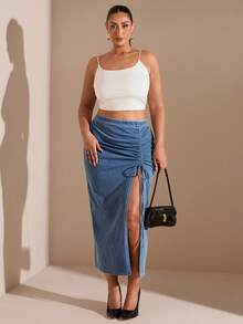 SHEIN BAE Spódnica mini z jeansu w dużym rozmiarze, swobodna, elastyczna, z rozcięciem z boku, plisowana, niebieska