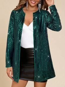 Amorya Women's Casual Sequin Decorated Long Sleeve Lightweight Jacket In Fall/Winter - Dark Green - View 6