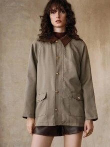 Revavyn 复古格子领拼布撞色高端时尚优雅百搭通勤设计夹克 - 咖啡棕 - 查看 7