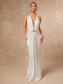 Lumalex 秋季新款女装冬季聚会派对魅力优雅宴会低调奢华闪耀假日派对魅力优雅锐舞节郊游度假热门户外丰富层次婚礼季宴会成人礼波点V领无袖金属色拼接褶皱优雅连衣裙女装奢华舞会证件照宰牲节派对新年 - 白色 - 查看 2