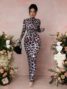 SHEIN Raffinéa Women's Ruched Leopard Print Long Sleeve Bodycon Dress, Commuter Style For Autumn/Winter - Multicolor - View 4