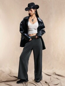 Easelle 黑色松紧腰休闲宽松百搭直筒雪花针织阔腿裤 - 黑色 - 查看 9