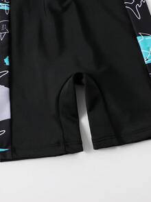 Young Boy Cartoon Graphic Zipper Front One Piece Swimsuit - Black - View 5