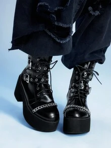 Sugerpunk 女式哥特式金属链扣圆头粗跟朋克靴，PU 黑色高跟靴，适合派对、日常穿着、晚礼服，增高修腿 - 黑色 - 查看 4