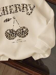 SHEIN Leap Crew Sweat-shirt à capuche épais à manches longues pour filles pré-adolescentes, imprimé vintage léopard et cerise, convient pour l'automne/l'hiver - Beige - Voir 4