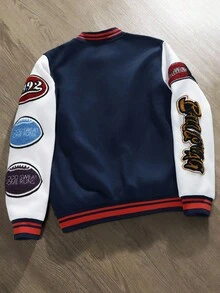 Manfinity Campus Court Men's Contrast Color Patchwork Front Button Fashionable Street Baseball Jacket With Embroidered Logo Custom Varsity Jacket , Fall/Winter - Multicolor - View 2