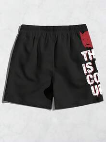 Batman X Manfinity CoralVoy Quần short đi biển cạp rút họa tiết dơi và khẩu hiệu mùa hè dành cho nam - màu đen - Xem 2