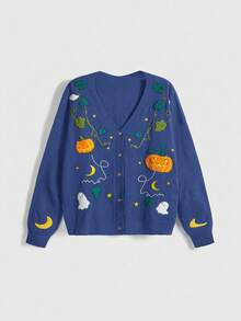 ROMWE Fairycore Áo len cardigan thêu hình bí ngô, ma, mặt trăng cỡ lớn dành cho nữ phong cách Halloween Cottagecore - Màu xanh lam - Xem 1