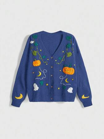 Fairycore Damen Große Größen Halloween Cottagecore Kürbis, Geist, Mond bestickte Strickjacke