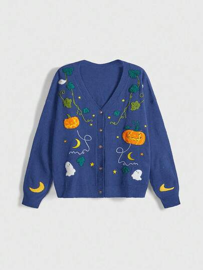 Fairycore Suéter de cárdigan con bordado de calabaza, fantasma y luna para mujeres de talla grande en estilo Cottagecore de Halloween