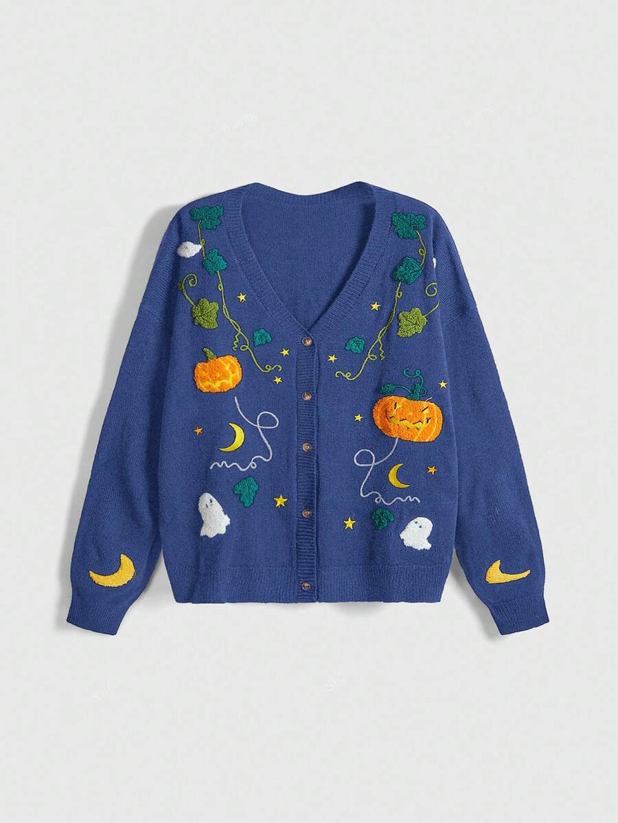ROMWE Fairycore Áo len cardigan thêu hình bí ngô, ma, mặt trăng cỡ lớn dành cho nữ phong cách Halloween Cottagecore - Màu xanh lam - Xem 1