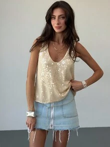 Aloruh Blusa holgada sin mangas con decoración de lentejuelas brillantes, para verano - Verde - Ver 4