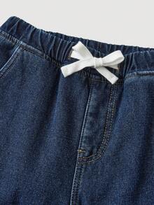 SHEIN 少女秋冬时尚复古做旧基础款简约休闲柔软保暖蓝色牛仔保暖内衬抽绳宽松阔腿牛仔裤，适合秋冬季日常穿着，返校季和圣诞节，街头风，阔腿牛仔裤，Y2K风格 - 深色水洗藍 - 查看 5