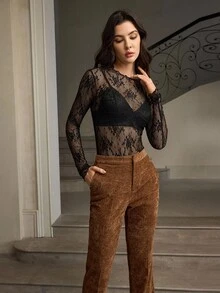 ZEYLAH Women's High Waist Wide Leg Solid Color Pants, Elegant, Autumn/Winter - Brown - View 6