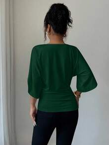 Elenzga Women's Solid Color Mid-Sleeve Fitted Ruched Batwing V-Neck Short Sleeve T-Shirt