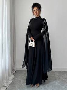 Elenzga 高端奢华中东女士时尚优雅立领百褶连衣裙 - 黑色 - 查看 3