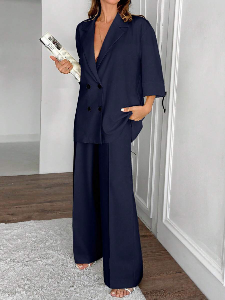 EURMUSE Bộ vest nữ màu vàng bơ cỡ lớn thường ngày - Màu xanh hải quân - Xem 1