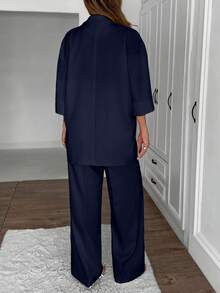 EURMUSE Bộ vest nữ màu vàng bơ cỡ lớn thường ngày - Màu xanh hải quân - Xem 2