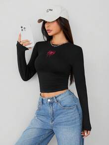 SHEIN PETITE 女士蜘蛛图案高弹针织长袖T恤 - 黑色 - 查看 7
