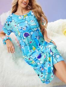 女士可爱卡通 SweetSlumber X Carebears 图案圆领短袖睡衣连衣裙，卡通睡衣，哞哞睡裙 - 彩色 - 查看 1