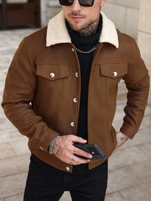 Manfinity Homme Men's Contrast Color Lapel Long Sleeve Single-Breasted Casual Jacket, Autumn/Winter - Brown - View 4
