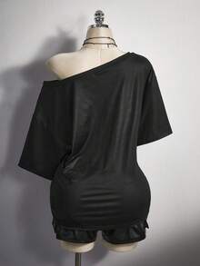 SHEIN ICON Plus Size Women's Y2K Vintage Grunge Style Cross Print Loose Fit Oblique Shoulder T-Shirt Halloween