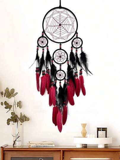 SHEIN 1PC  Mystic Red Black Spider Web Dreamcatcher Bohemian Wall Hanging Decor Gothic Bedroom Aesthetic Girls Birthday Gift Room Decor Halloween Fall Festival Home Decoration Macrame Wind Chime
