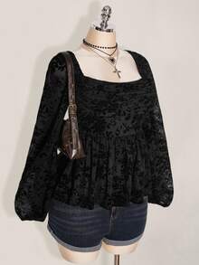 SHEIN ICON ICON 加大码女式黑色摆领泡泡袖上衣，秋季长袖上衣，娃娃装植绒上衣 - 黑色 - 查看 3