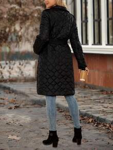 EMERY ROSE Chaqueta larga casual de invierno de un solo pecho de unicolor y manga larga para mujer - Negro - Ver 2