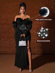 Maweii Vestido de hombros descubiertos para mujer de talla grande, con adorno de peluche sintético y rhinestones, abertura sexy, elegante para fiesta, cumpleaños, uso diario, color negro - Negro - Ver 1