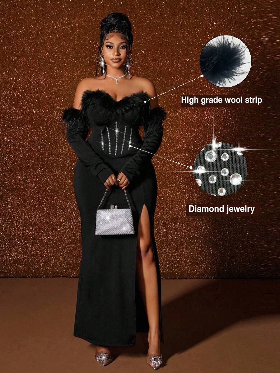 Maweii Vestido de hombros descubiertos para mujer de talla grande, con adorno de peluche sintético y rhinestones, abertura sexy, elegante para fiesta, cumpleaños, uso diario, color negro - Negro - Ver 1