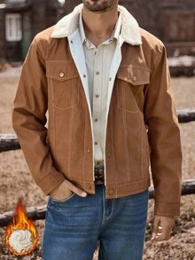 Manfinity Nomadique 男士长袖时尚休闲复古灯芯绒抓绒外套，秋冬款 - 棕色 - 查看 4