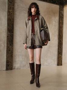 Revavyn 复古格子领拼布撞色高端时尚优雅百搭通勤设计夹克 - 咖啡棕 - 查看 8