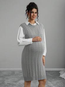 SHEIN Maternity Round Neck Cable Pattern Casual Sleeveless Knit Dress, Autumn - Grey - View 1