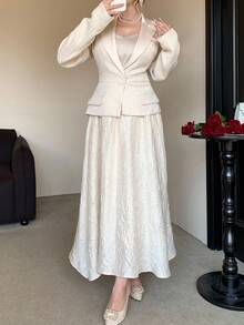 DAZY Women's Elegant Commuter Solid Color Textured Patchwork Long Dress - Beige - View 6
