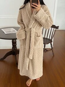 DAZY 女士简约纹理抓绒长袍，家居服，秋冬蓬松睡衣，舒适套装 - 卡其色 - 查看 5