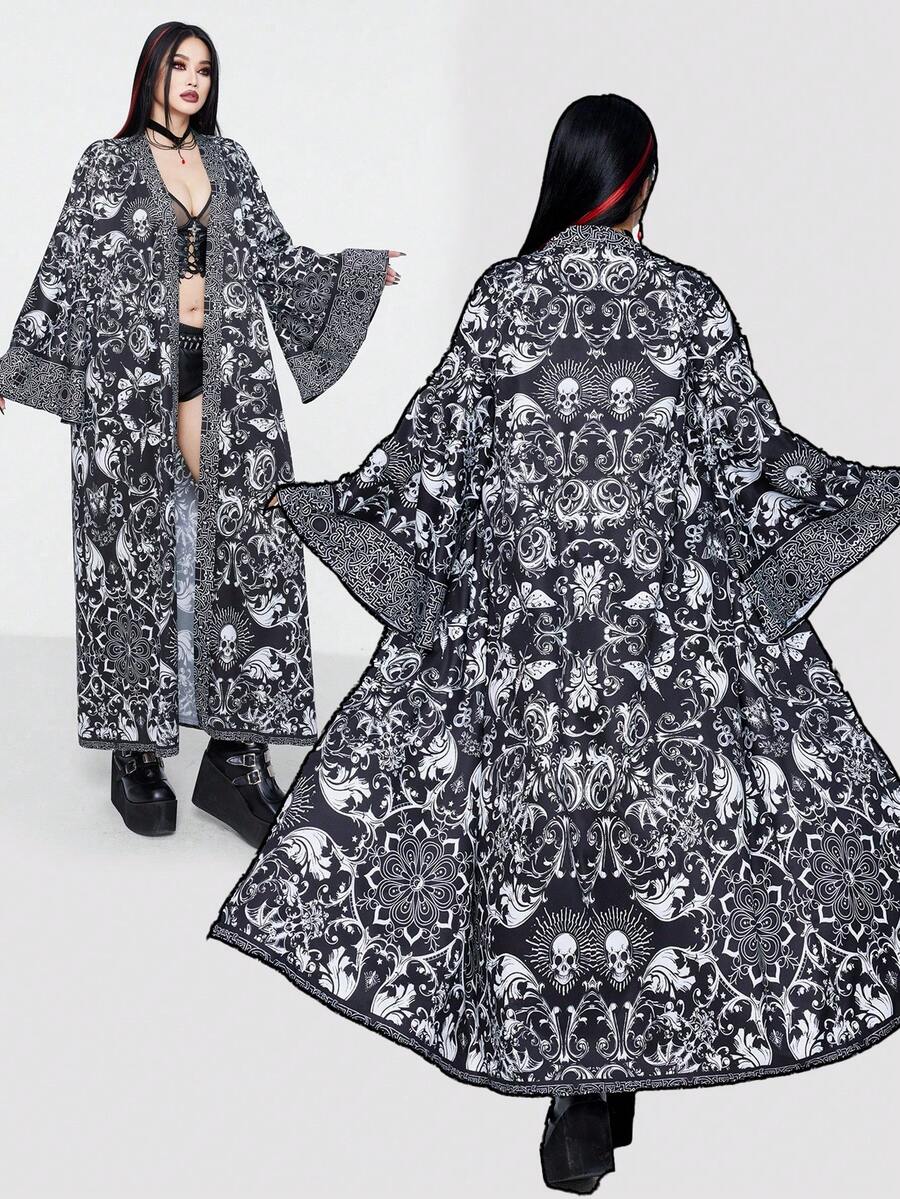 SHEIN Whyspr 加大码时尚深色哥特式骷髅和蝙蝠印花喇叭袖长衬衫 - 黑色 - 查看 1