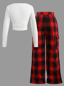 SHEIN 2pcs/Set Tween Girl Ribbed Ruffle Short Sleeve T-Shirt And Red Plaid Ruffle Pocket Casual Pants Outfit - Red - View 2