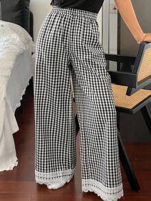 DAZY Women's Plaid Wide Leg Ruffle Trim Pajama Bottoms, Fall - Black and White - View 6