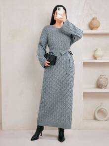 Veilorie 女式休闲纯色长袖圆领毛衣裙 - 深灰色 - 查看 2