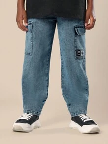 SUMWON 直筒工装牛仔裤街头休闲牛仔裤，带实用口袋，青年时尚休闲日常舒适秋冬风格 - 中等水洗藍 - 查看 4