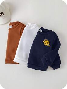 SHEIN 3 件套婴儿男女款休闲可爱运动街头服饰基本款简约脸部卡通图案舒适时尚圆领运动衫，黑色、白色、卡其色，适合春季、秋季、冬季 - 棕色 - 查看 4